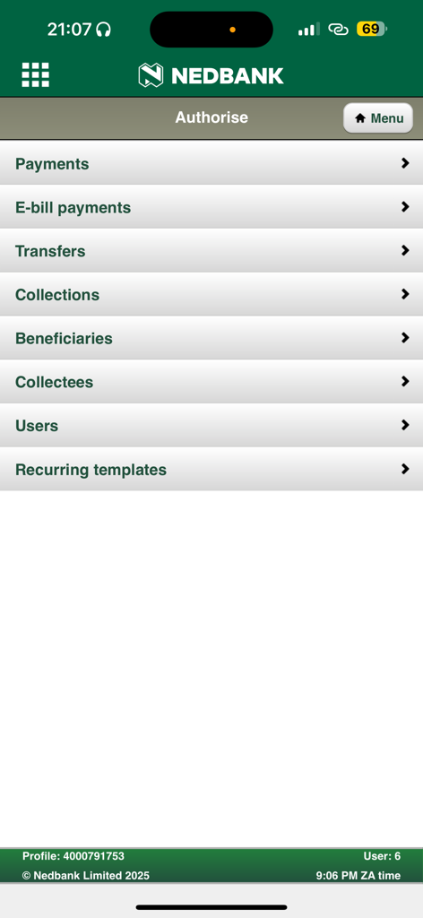 Nedbank AppSuite authorization screen showing menu options for payments transfers and user management
