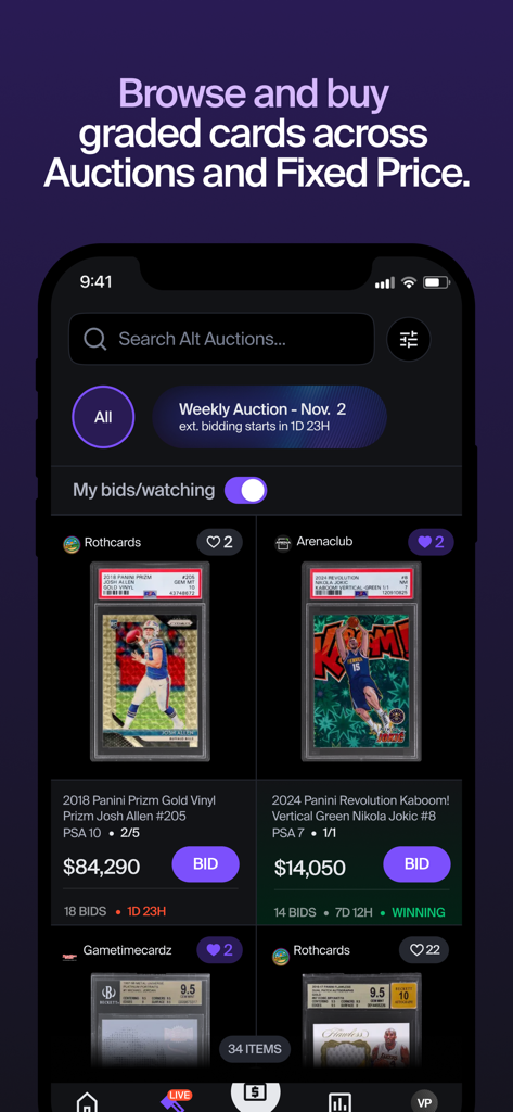 Alt: Buy & Sell Cards - Interfaz de la aplicación Alt que muestra cromos deportivos graduados a la venta y en subasta