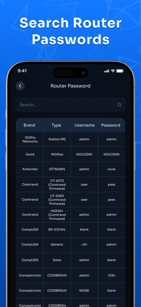 A screen in the Wifi Share Manager app showing a searchable database of default router usernames and passwords for various brands