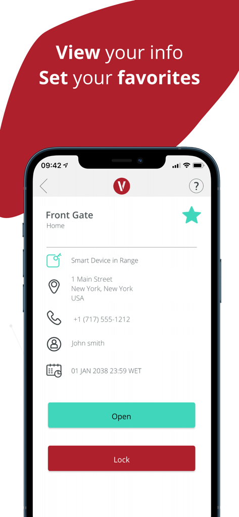 VIZpin Smart - VIZpin Smart app interface showing access details for a front gate with open and lock buttons