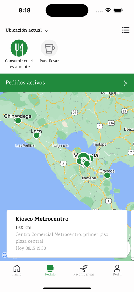 Kartenansicht in der Casa del Cafe App, die Standorte von Cafés und Bestellmöglichkeiten anzeigt.