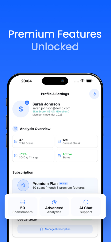 AI Skin Scanner Face Analyzer - Profilo dell'app AI Skin Scanner che mostra statistiche di analisi della pelle e dettagli del piano premium