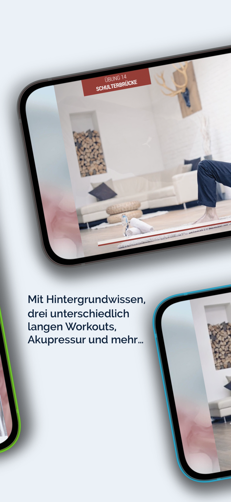 Bildschirm der mobilen App Dein Rückentraining, der eine Schulterbrückenübung und Text über verschiedene Trainingslängen zeigt.