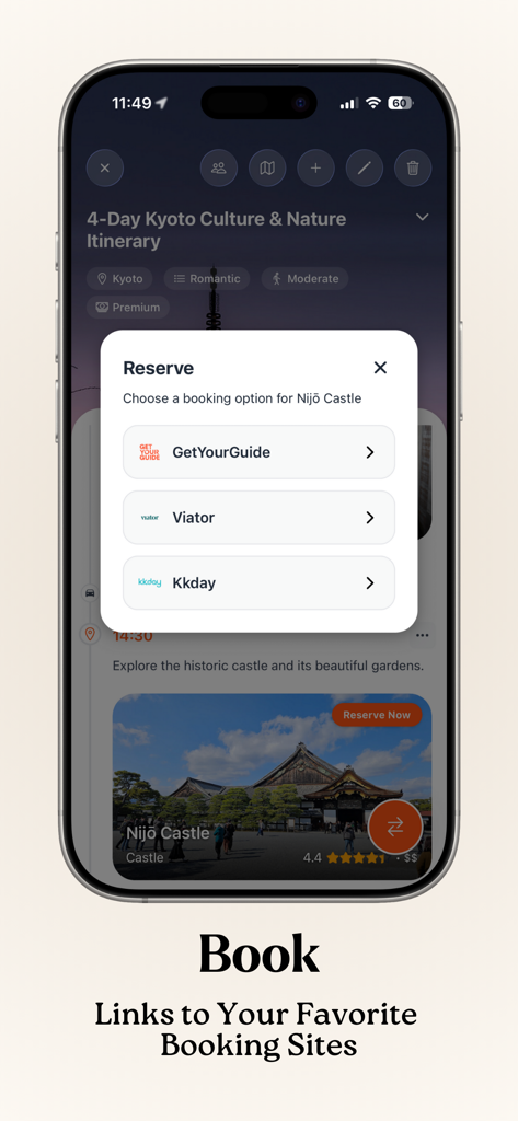 Roameo: Explore, Swipe, Go - Roameo app interface showing booking options for a travel itinerary with links to GetYourGuide, Viator, and Kkday.