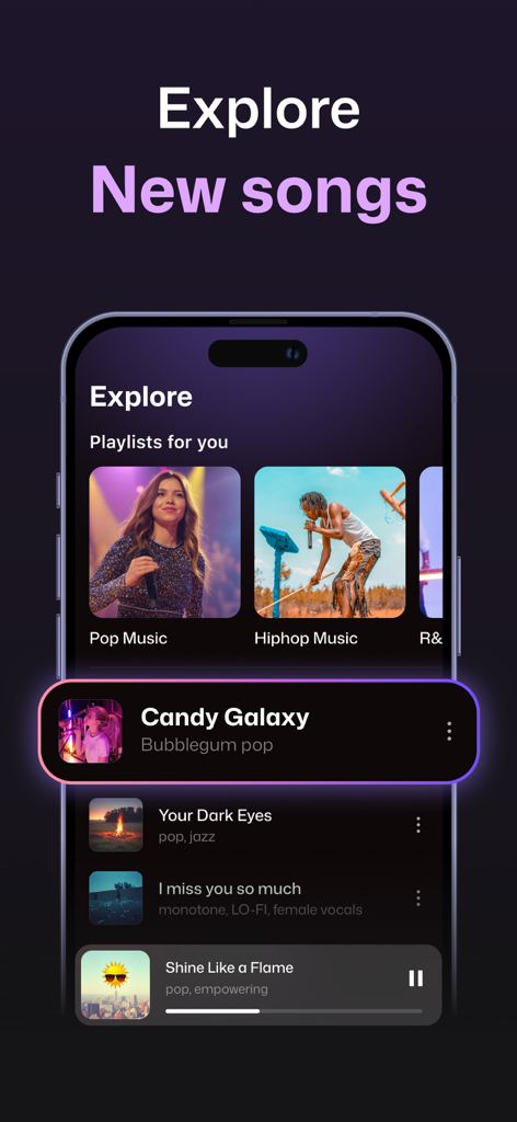AI Song Generator: Magic Music - Pantalla de exploración de la aplicación AI Song Generator con listas de reproducción y una lista de canciones generadas.