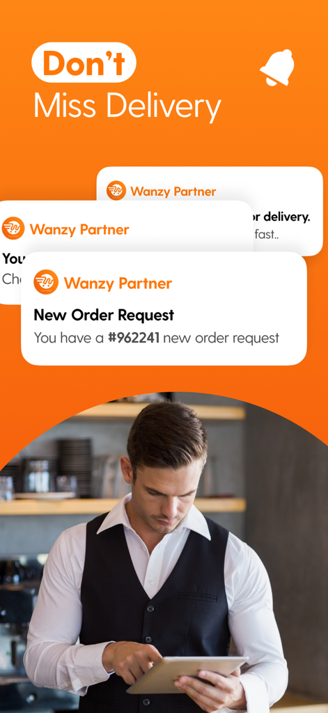 Wanzy Partner - A restaurant manager using a tablet showing new order notifications from the Wanzy Partner app