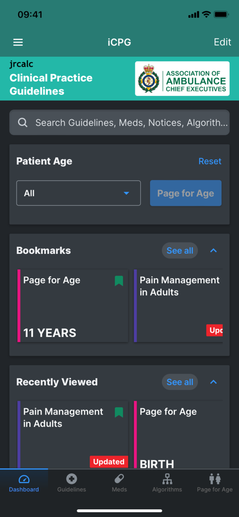 Dashboard of the iCPG app showing clinical practice guidelines search and patient age selection