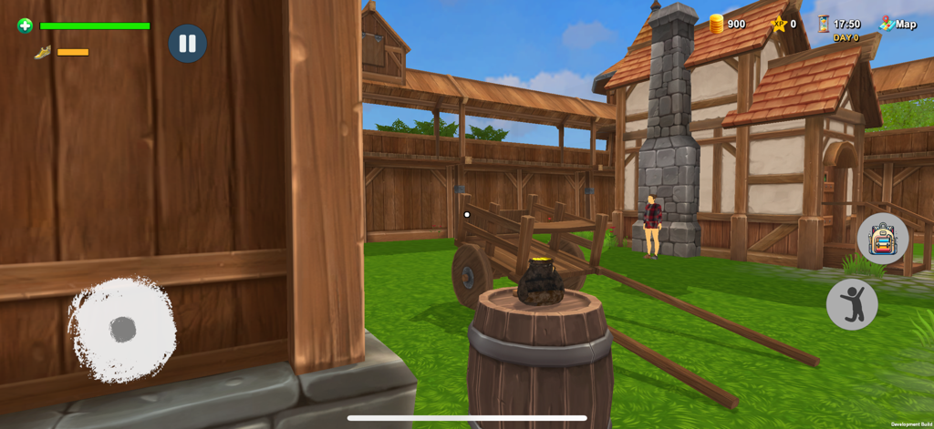 Medieval Shopman - Gameplay screenshot of Medieval Shopman showing a 3D medieval village with stylized buildings and a merchant barrel