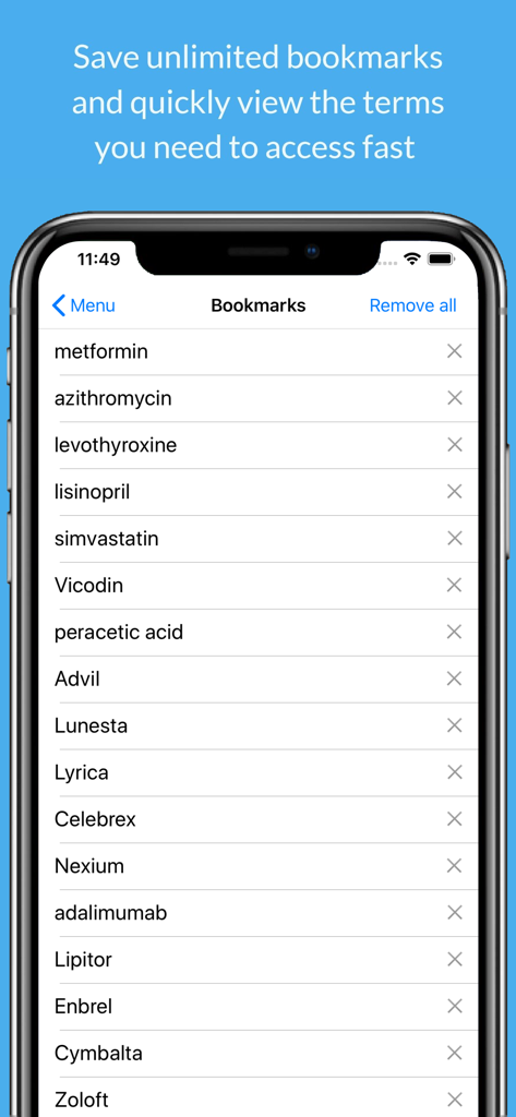 Medicine Dictionary - Medicine Dictionary app displaying a list of bookmarked prescription and over the counter drugs