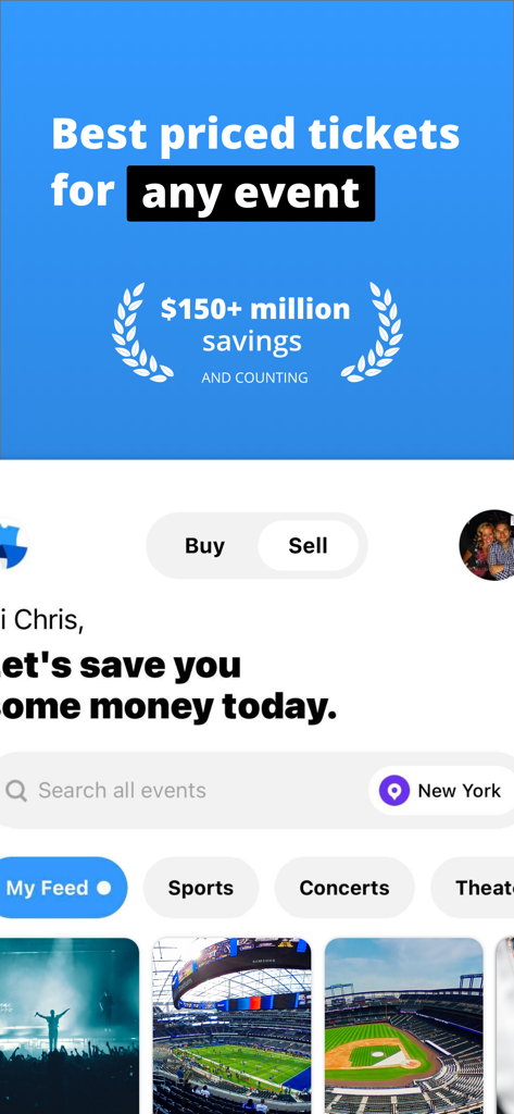 TickPick: No Fee Tickets - TickPick mobile app home screen showing event categories and price savings