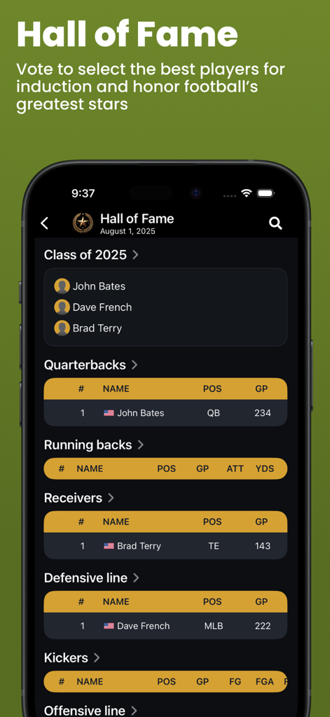Football Legacy Manager 26 - Football Legacy Manager 26 Hall of Fame screen showing the class of 2025 and legendary players by position