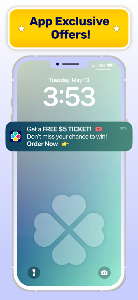Lotto.com Lottery App - iPhone lock screen displaying a Lotto.com push notification for a free five dollar ticket offer.