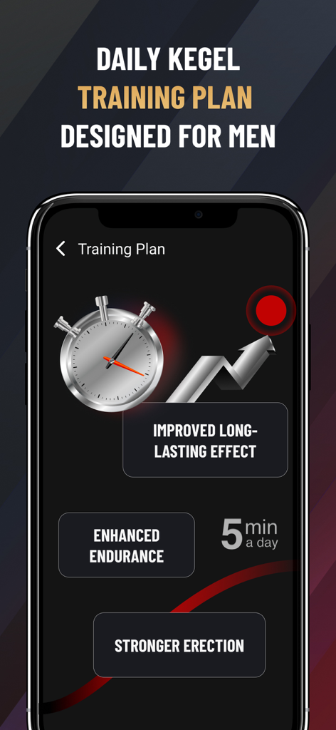 KegelUp: Men's Health App - Mobile app screenshot showing a daily Kegel training plan designed for men for improved endurance and health performance