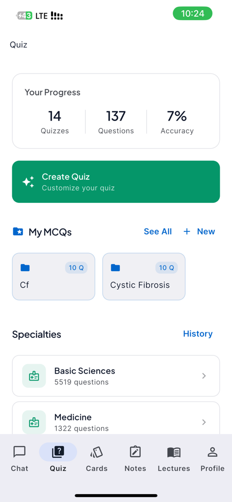 MEDGPTx - Interfaz de tablero de cuestionarios de la aplicación MEDGPTx que muestra estadísticas de progreso y categorías de MCQ médicas