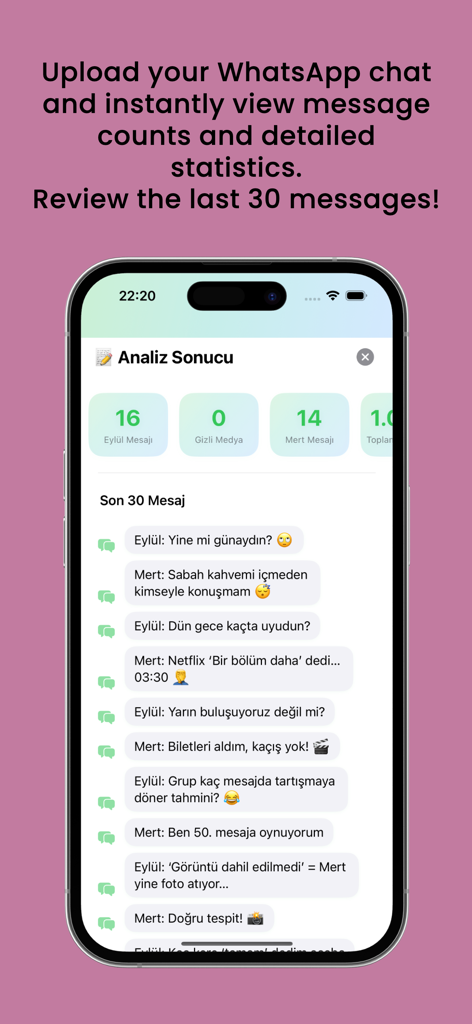 SimLog - Sohbet Analiz - Mobile app screen showing WhatsApp message counts and a detailed analysis of the last thirty messages between users