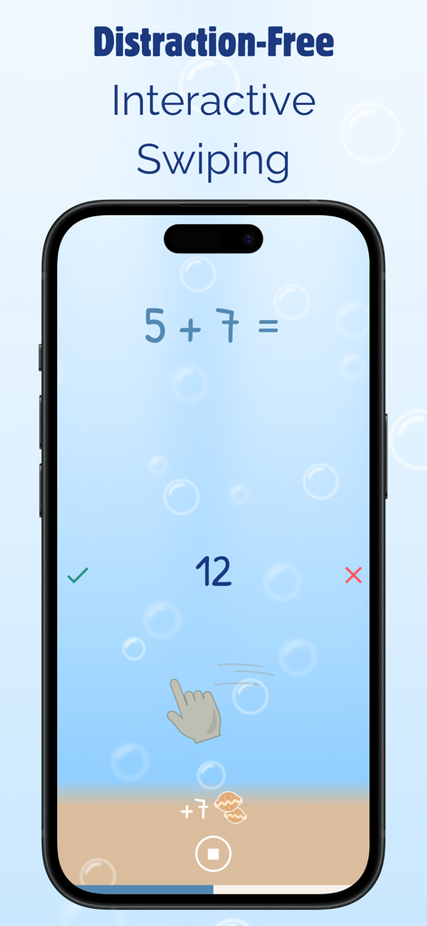 Learn Math For Kids PRO - Captura de pantalla de la aplicación Aprende Matemáticas Para Niños PRO que muestra un problema de suma con un gesto interactivo de deslizamiento en un entorno submarino sin distracciones.