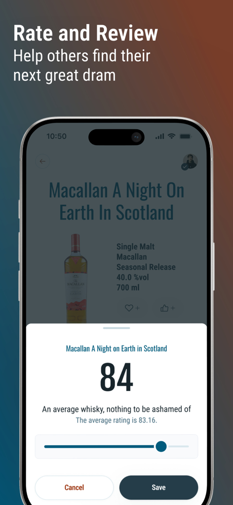 Whiskybase: Everything Whisky - Una interfaz de aplicación móvil que muestra a un usuario calificando una botella de whisky Macallan con una puntuación de ochenta y cuatro en la aplicación Whiskybase.