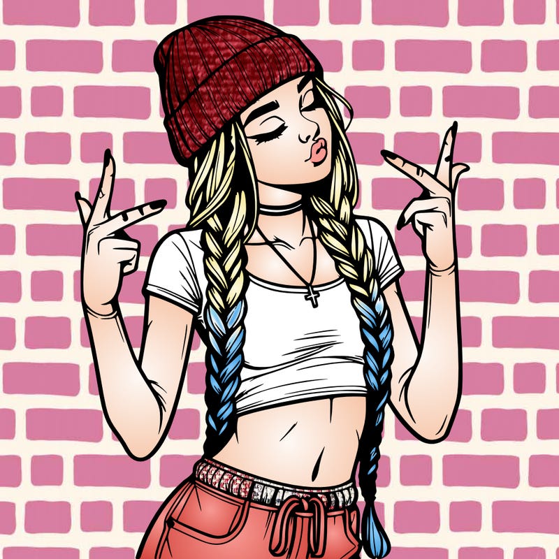 realistic teenage girl with braids and a beanie and crop top doing 🫶🏼