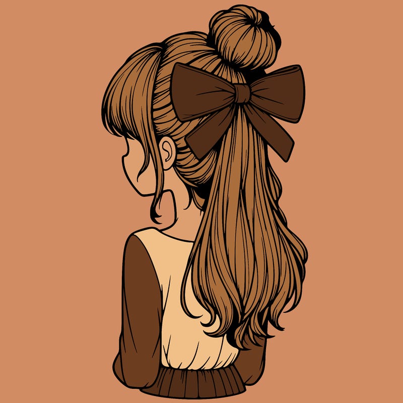realistic girl  with hip length hair a bun and a big bow on the back of head