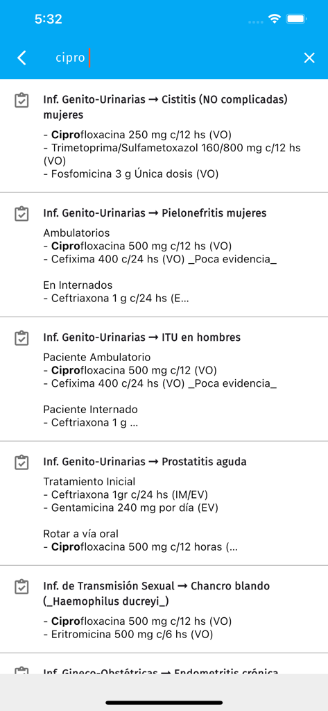 AntibioticApp - Search results screen in AntibioticApp displaying medical treatment protocols for Ciprofloxacin in Spanish.