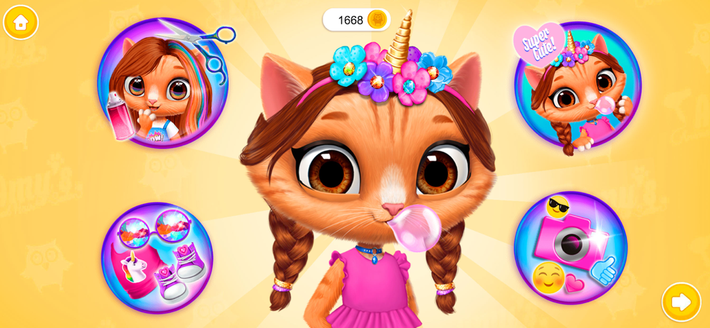 Amy's Animal Hair Salon - Un lindo personaje de gato atigrado con trenzas y una diadema floral en el juego Salón de Peluquería Animal de Amy