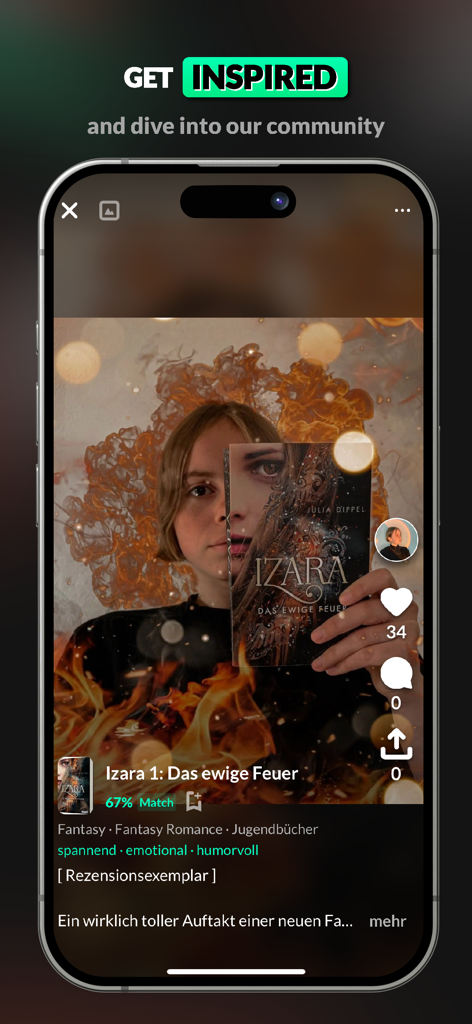 READO - All About Books - A mobile interface showing the READO community feed with a BookTok style video review of a book