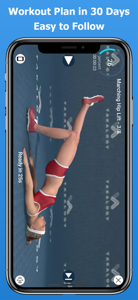 A smartphone showing a 3D animated fitness trainer performing a marching hip lift exercise