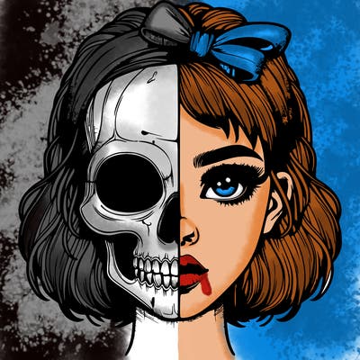 realistic girl with half skull mask