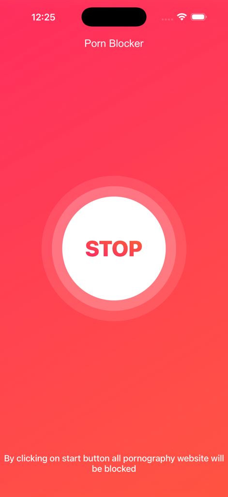 SafeNet - Porn Blocker - Interfaz de la aplicación SafeNet Porn Blocker que muestra un gran botón central para activar o detener el filtrado de contenido para adultos
