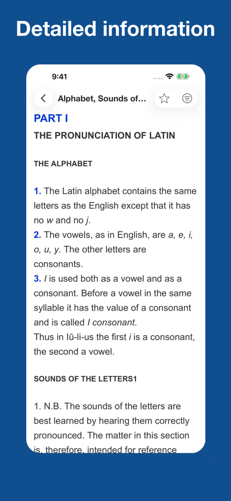 Latin for Beginners - Educational screen explaining the Latin alphabet and pronunciation rules.