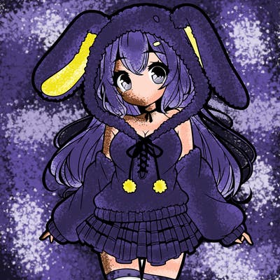 pretty anime girl wearing a fluffy hoodie with bunny ears on the hood and a skirt