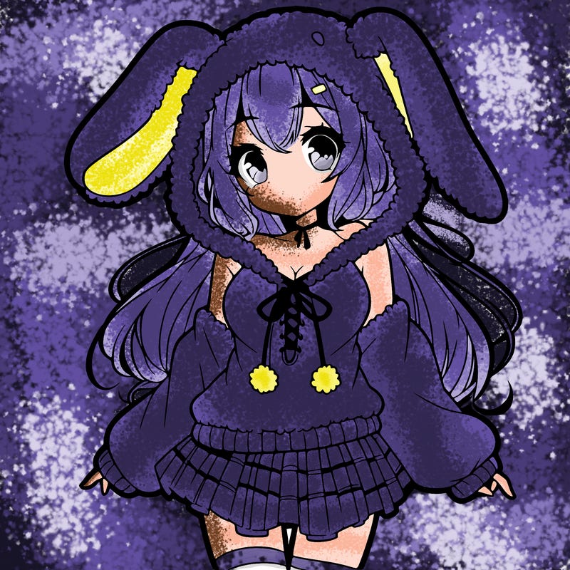 pretty anime girl wearing a fluffy hoodie with bunny ears on the hood and a skirt