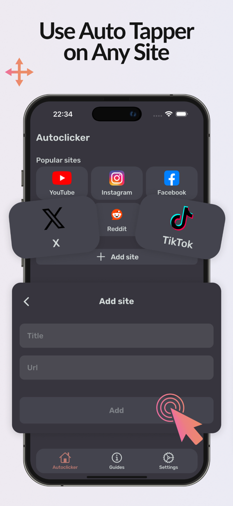 OP Auto Clicker- Automatic Tap - Interfaz de la aplicación OP Auto Clicker que muestra la función Agregar sitio para automatizar tareas en plataformas de redes sociales como TikTok y YouTube