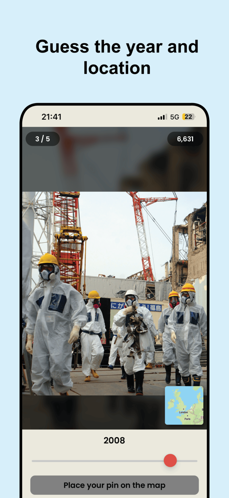 TimeGuessr mobile app interface showing a historical photo with options to guess the year and location on a map