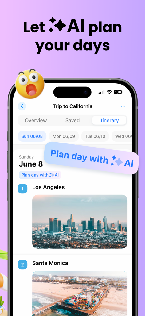 Interfaccia dell'app Tripbook che mostra un itinerario di viaggio potenziato dall'IA per un viaggio in California con tappe a Los Angeles e Santa Monica.