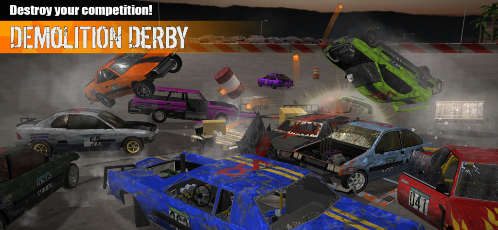 A chaotic demolition derby scene with multiple cars crashing and flipping in a competition arena