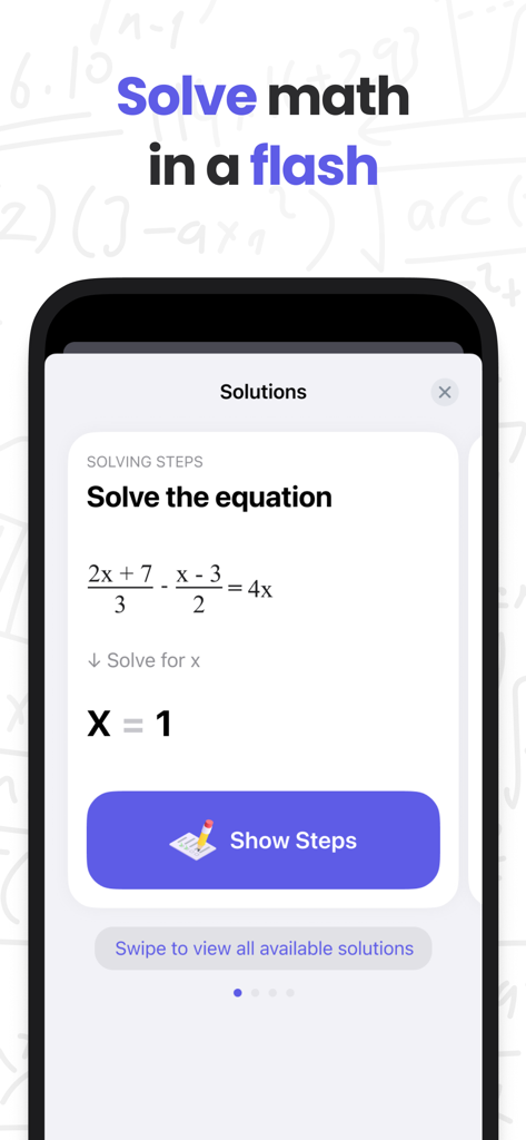 MathMaster app interface showing a solved algebra equation with a button to show step by step solutions