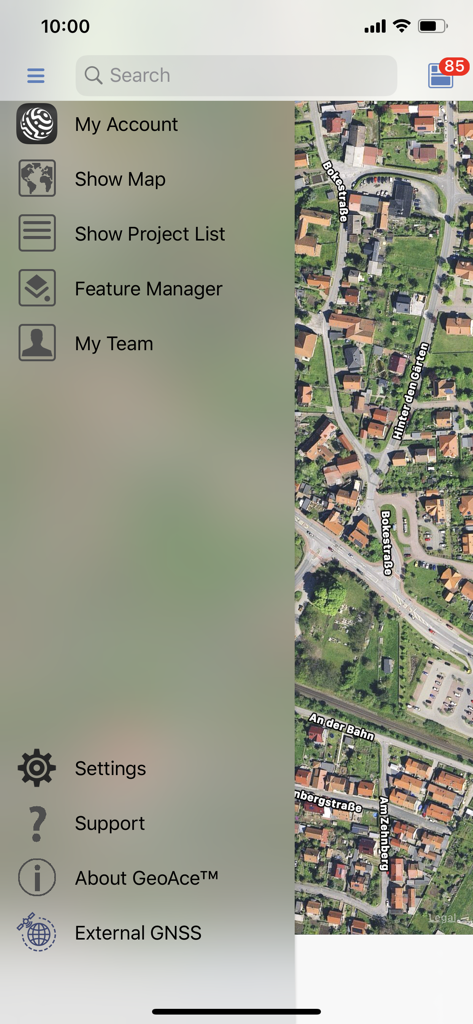 GeoAce side navigation menu showing survey project management options over an aerial satellite map