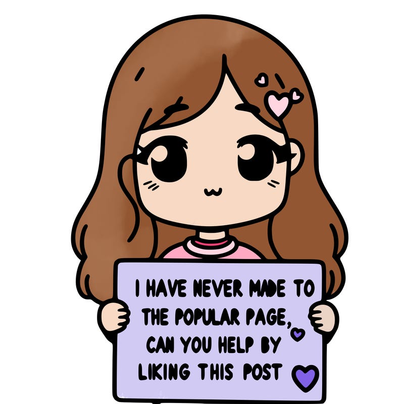 girl holding up a sign that says i have never made it to the popular page can you help by liking this post? with a heart
