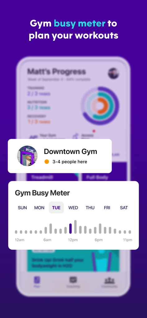 AF App - Anytime Fitness App-Oberfläche, die den Belegungsgrad des Fitnessstudios zeigt, um Benutzern die Planung von Workouts basierend auf der Echtzeit-Auslastung zu ermöglichen