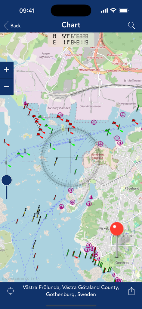 Sea Weather Professional - A detailed nautical chart within the Sea Weather Professional app showing navigation markers and coordinates near Gothenburg Sweden.