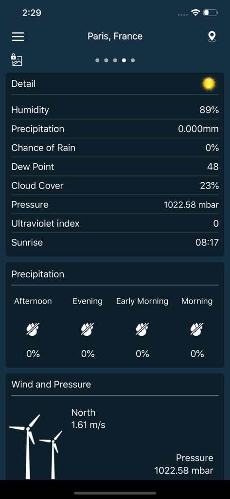 Screenshot of Weather forecast Pro app showing detailed weather data for Paris France including humidity and wind speed.