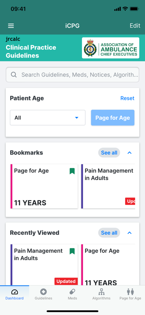 iCPG: the JRCALC Guidelines - 検索バー、患者の年齢選択、クイックアクセスブックマークを備えたiCPG JRCALC臨床診療ガイドラインアプリのダッシュボード