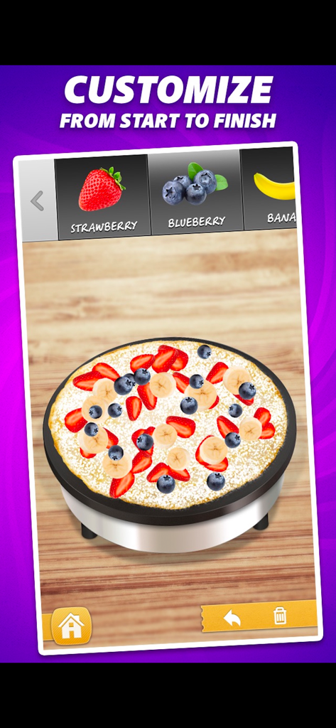 Crepe Maker - 크레페 메이커 모바일 게임에서 딸기, 블루베리, 바나나로 장식되는 가상 크레페