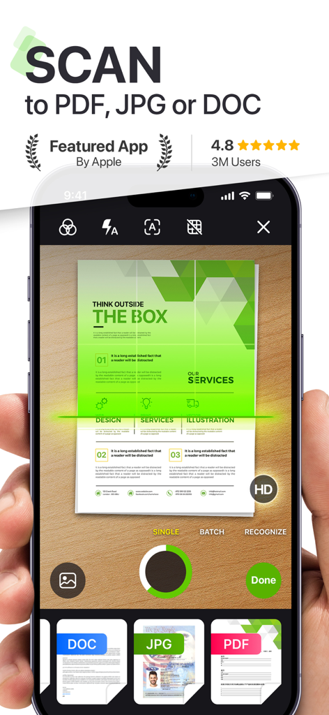 My Scanner: Scan to PDF & Edit - Interface de l'application My Scanner sur smartphone numérisant un document au format PDF