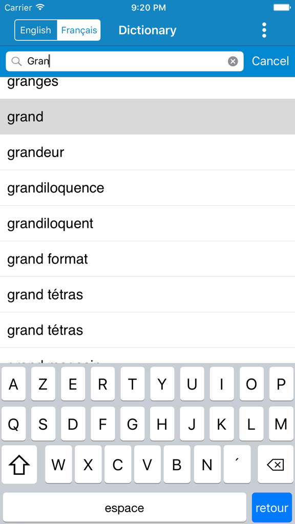 French To English & English to French Dictionary - Search screen of the French to English dictionary app showing a list of suggested words starting with Gran.