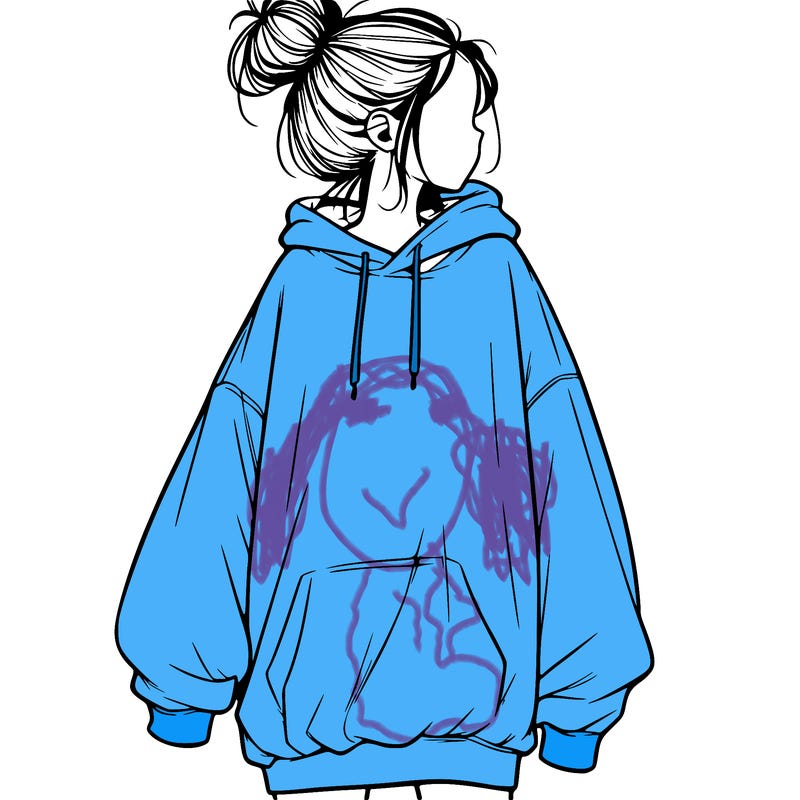 realistic girl with a oversized sweatshirt on and a bun