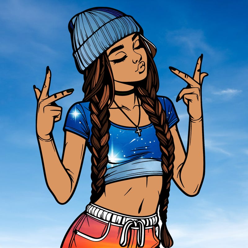 realistic teenage girl with braids and a beanie and crop top doing 🫶🏼