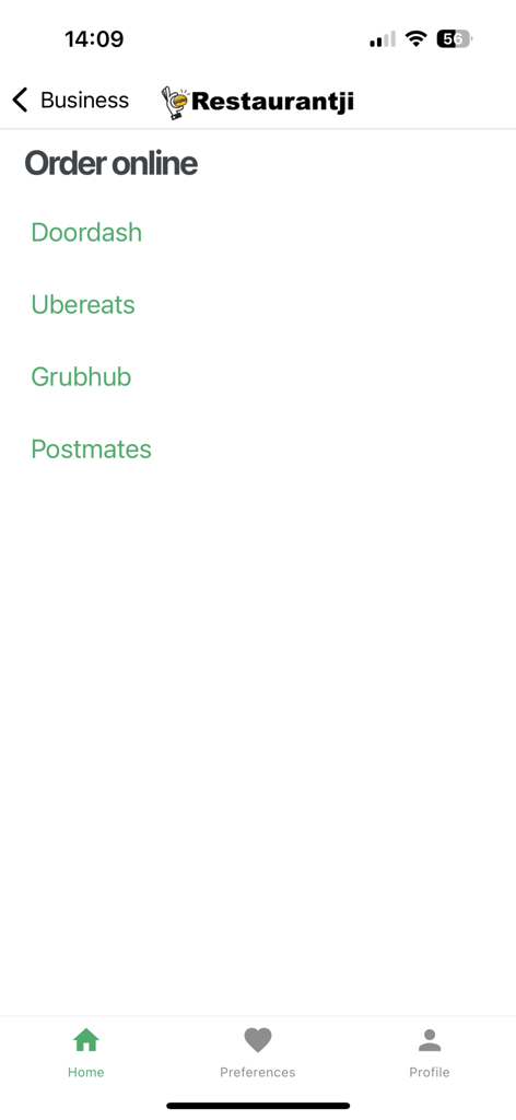Restaurantji Dining Guide - Restaurantji app screen showing online ordering options for Doordash, UberEats, Grubhub, and Postmates
