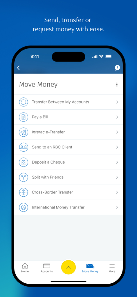 RBC Mobile app screen showing money transfer options including bill payments and cross border transfers